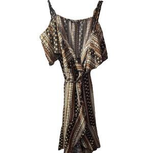 Bloomchic Bandana Print Wrap Shirred Empire Waist BROWN Dress 10